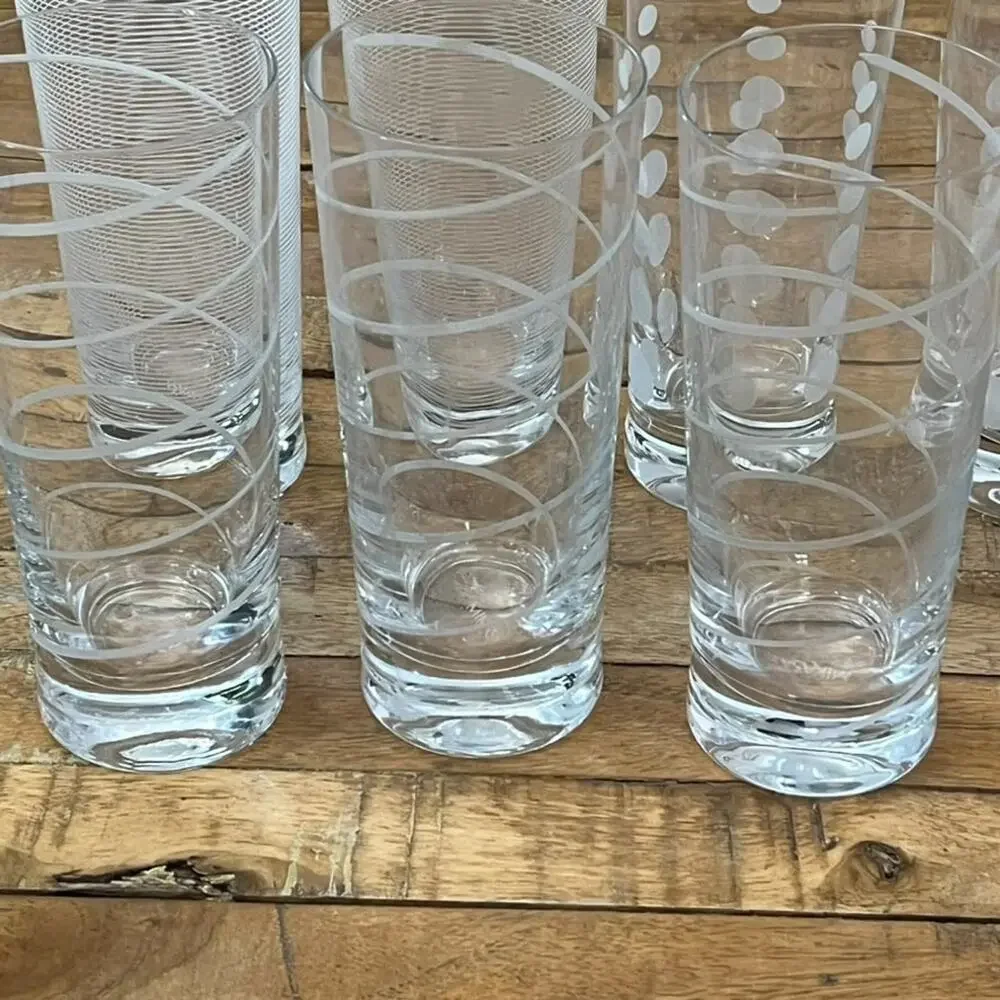 Mikasa Cheers Highball Glass Set of 8 Distinct Etched Patterns Dots Swirls Lines